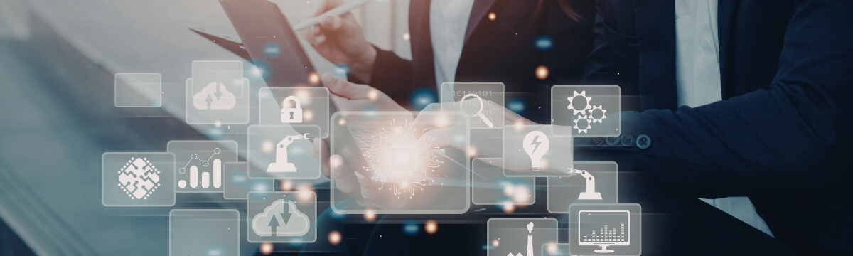 Business professionals with tablet and AI digital icons showing productivity benefits of artificial intelligence for small businesses