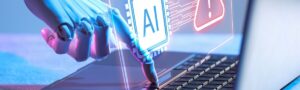 Robotic AI hand on laptop keyboard with glowing AI chip and warning symbol — artificial intelligence risks for small businesses