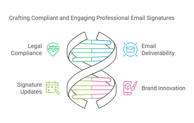 Diagram showing key aspects of ensuring compliance and enhancing email deliverability, including legal compliance, signature updates, email deliverability, and brand innovation.