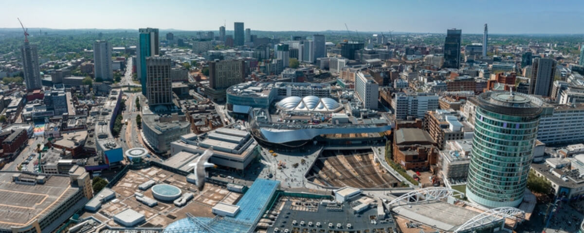 Aerial view of Birmingham city centre with the Rotunda and Grand Central, where Computercentric provides IT support