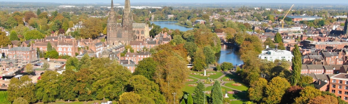 Panoramic view of Lichfield Cathedral and the surrounding city, representing IT support in Lichfield