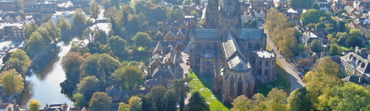 Panoramic view of Lichfield Cathedral, Beacon Park and the surrounding city in Staffordshire
