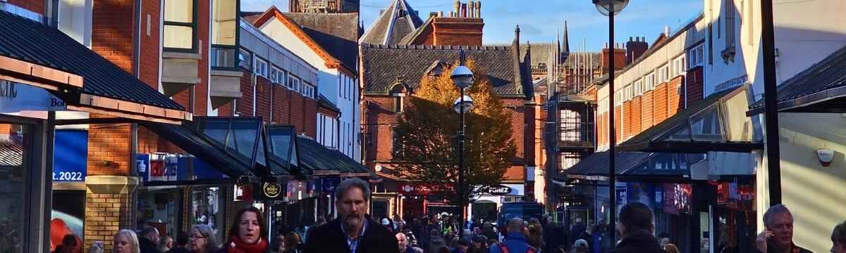 Lichfield town centre showing local shops and businesses, representing managed IT services for organisations in Lichfield
