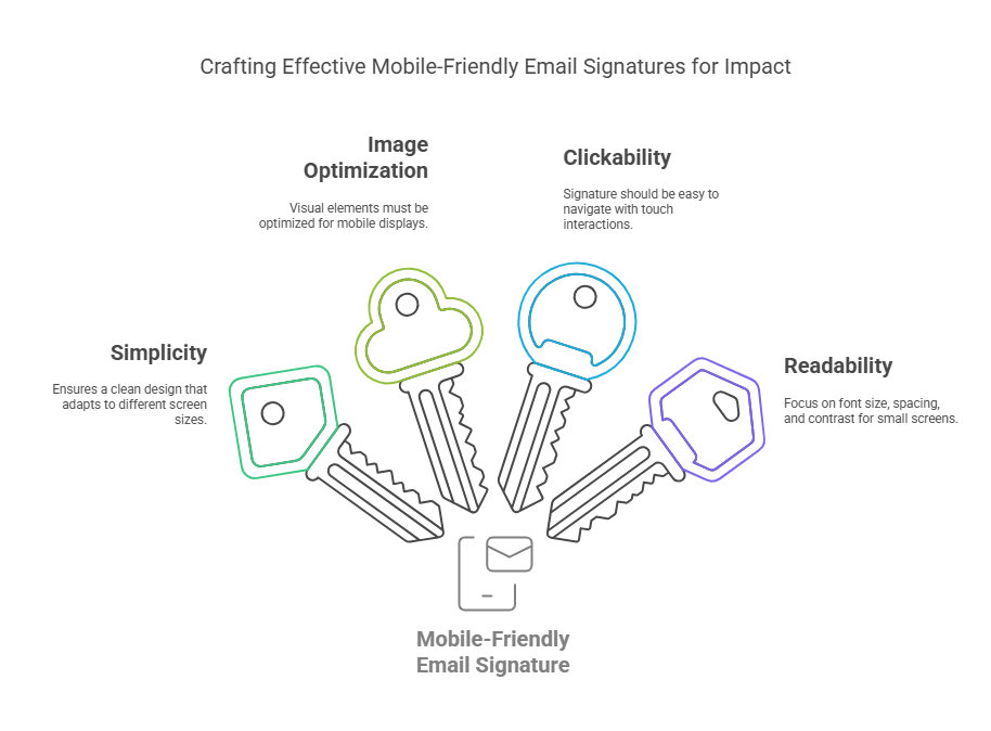 Visual representation of crafting mobile-friendly email signatures with emphasis on simplicity, image optimisation, clickability, and readability for effective communication.