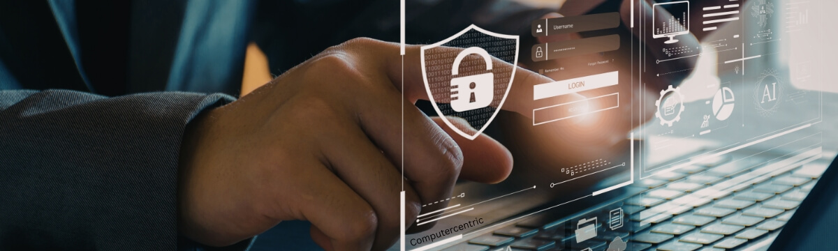 Business professional securing a cybersecurity login interface on a laptop, illustrating how outsourced IT support strengthens security and risk management for UK businesses