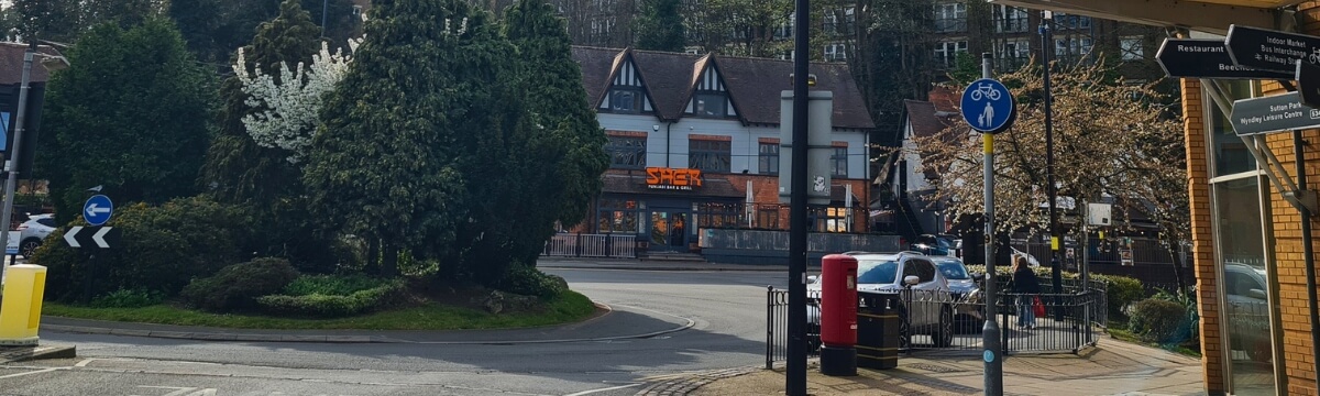 Street view of local businesses and commercial area in Sutton Coldfield