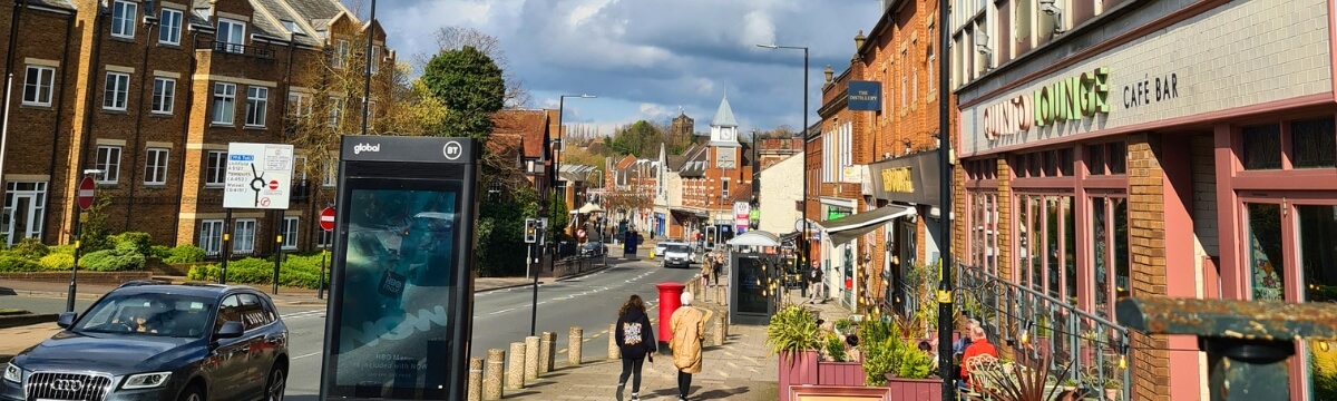 Busy business area in Sutton Coldfield town centre with cafés and local services